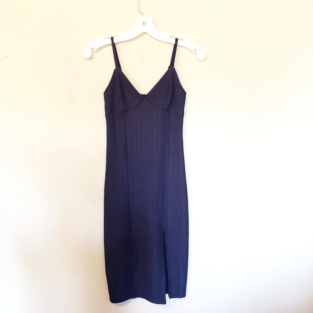 Navy Blue Ribbed Bodycon Midi Dress